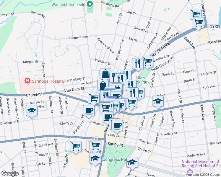 map of restaurants, bars, coffee shops, grocery stores, and more near 104 Woodlawn Avenue in Saratoga Springs