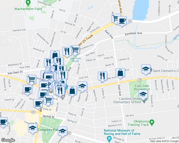 map of restaurants, bars, coffee shops, grocery stores, and more near 292 Nelson Avenue in Saratoga Springs
