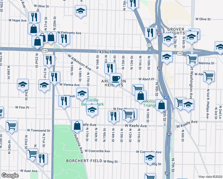 map of restaurants, bars, coffee shops, grocery stores, and more near 3734 North 14th Street in Milwaukee