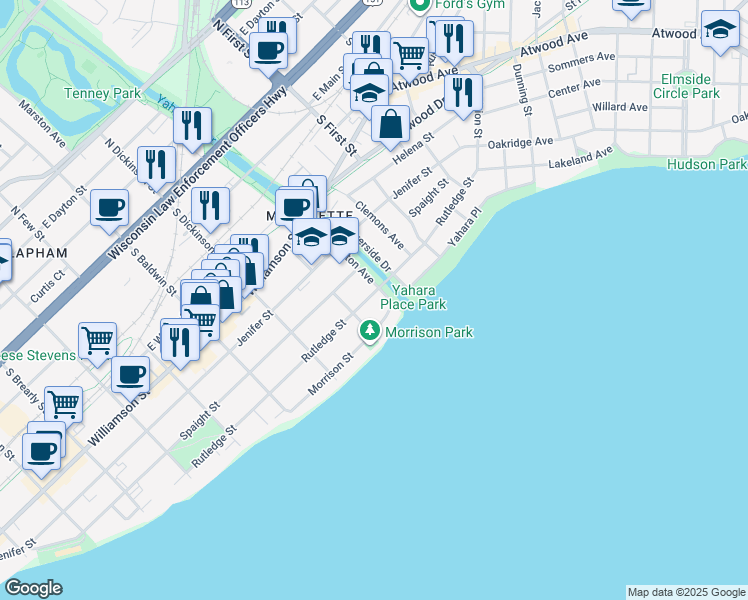 map of restaurants, bars, coffee shops, grocery stores, and more near 1515 Rutledge Street in Madison