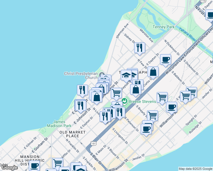 map of restaurants, bars, coffee shops, grocery stores, and more near 313 Norris Court in Madison