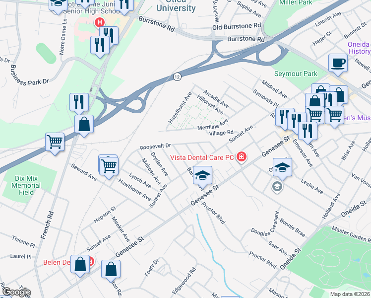 map of restaurants, bars, coffee shops, grocery stores, and more near 125 Lowell Avenue in Utica