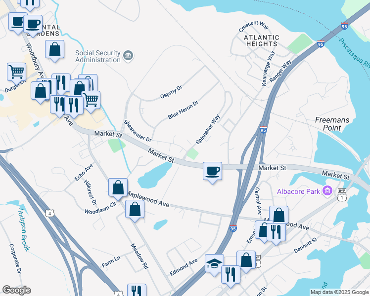 map of restaurants, bars, coffee shops, grocery stores, and more near 131 Spinnaker Way in Portsmouth
