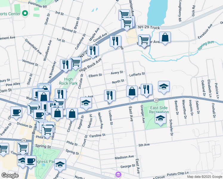 map of restaurants, bars, coffee shops, grocery stores, and more near 94 North Street in Saratoga Springs