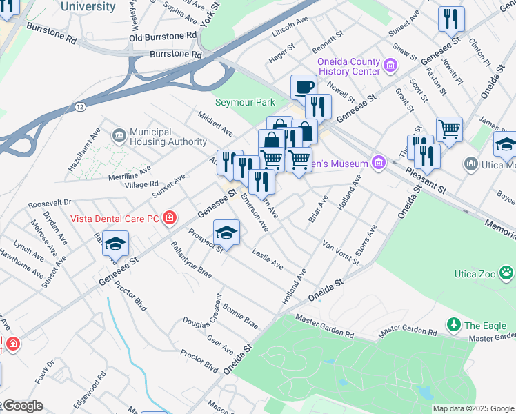 map of restaurants, bars, coffee shops, grocery stores, and more near 5 Emerson Avenue in Utica