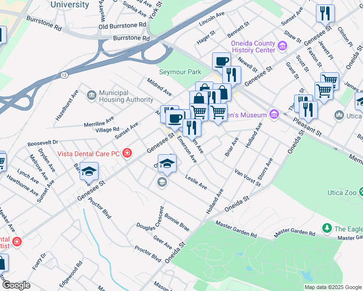 map of restaurants, bars, coffee shops, grocery stores, and more near 5 Emerson Avenue in Utica