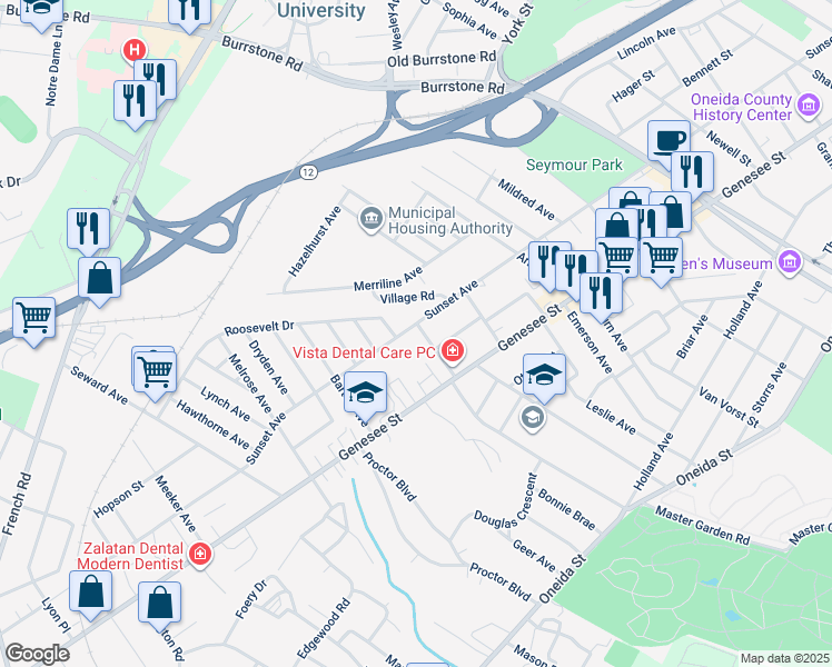 map of restaurants, bars, coffee shops, grocery stores, and more near 2125 Sunset Avenue in Utica