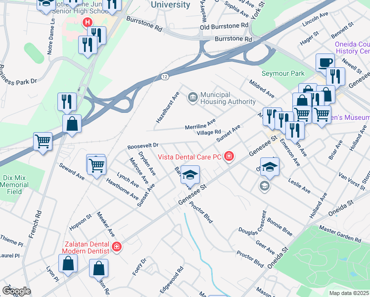 map of restaurants, bars, coffee shops, grocery stores, and more near 124 Roosevelt Drive in Utica