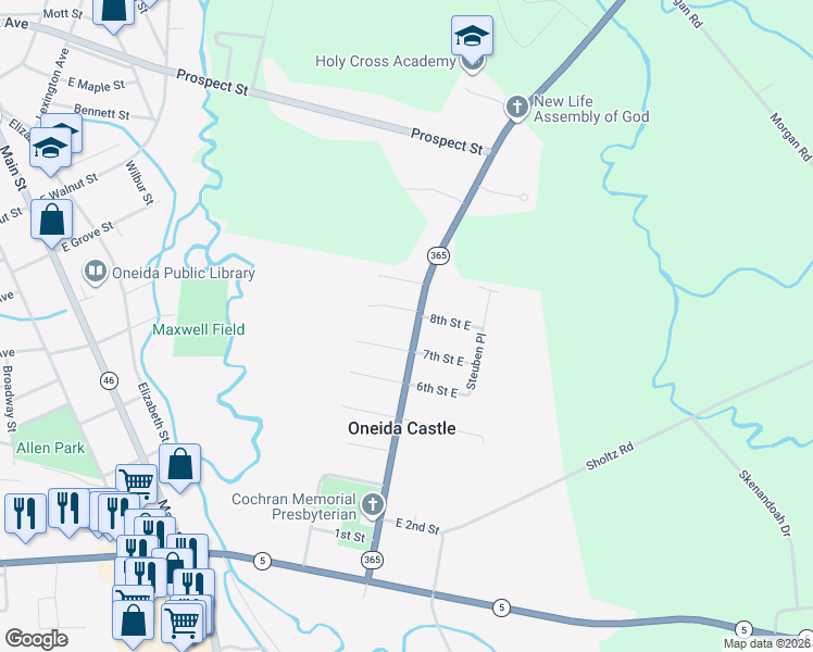 map of restaurants, bars, coffee shops, grocery stores, and more near 63 State Street in Oneida