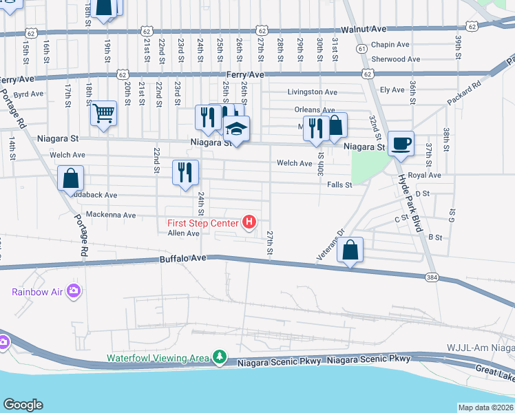 map of restaurants, bars, coffee shops, grocery stores, and more near 250 27th Street in Niagara Falls