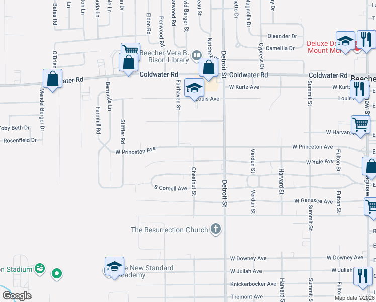map of restaurants, bars, coffee shops, grocery stores, and more near 1394 West Princeton Avenue in Flint