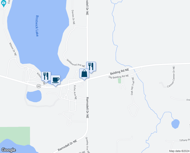 map of restaurants, bars, coffee shops, grocery stores, and more near 8905 Belding Road Northeast in Rockford