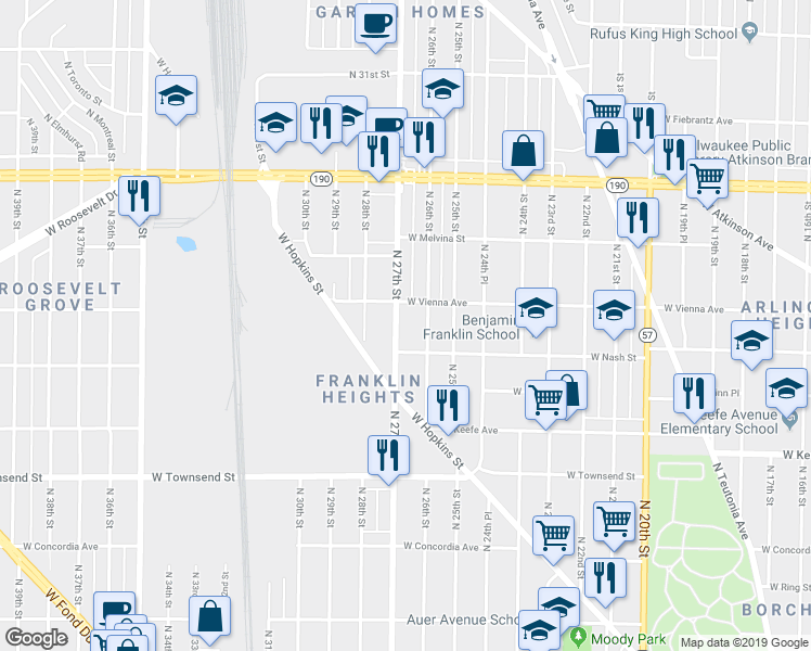 map of restaurants, bars, coffee shops, grocery stores, and more near 3760 North 27th Street in Milwaukee