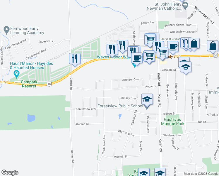 map of restaurants, bars, coffee shops, grocery stores, and more near 6075 Fausta Boulevard in Niagara Falls
