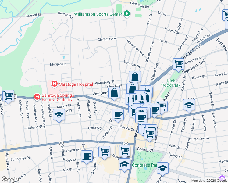 map of restaurants, bars, coffee shops, grocery stores, and more near Van Dam Street & Lawrence Street in Saratoga Springs