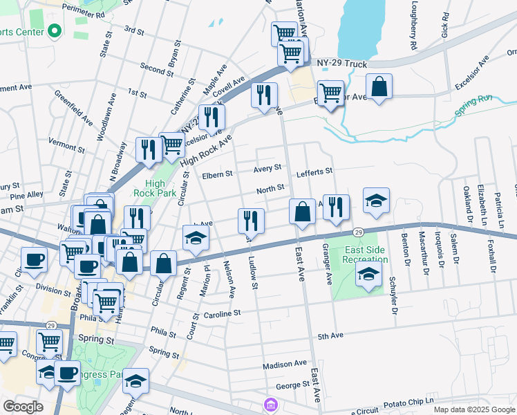 map of restaurants, bars, coffee shops, grocery stores, and more near 97 York Avenue in Saratoga Springs