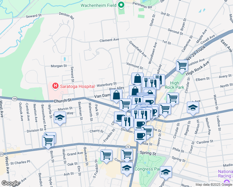 map of restaurants, bars, coffee shops, grocery stores, and more near 89 Van Dam Street in Saratoga Springs