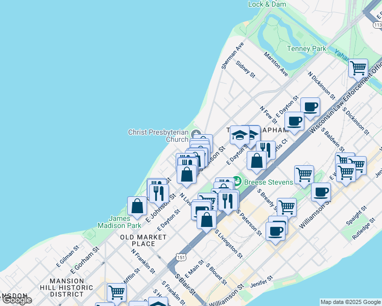 map of restaurants, bars, coffee shops, grocery stores, and more near 912 East Gorham Street in Madison