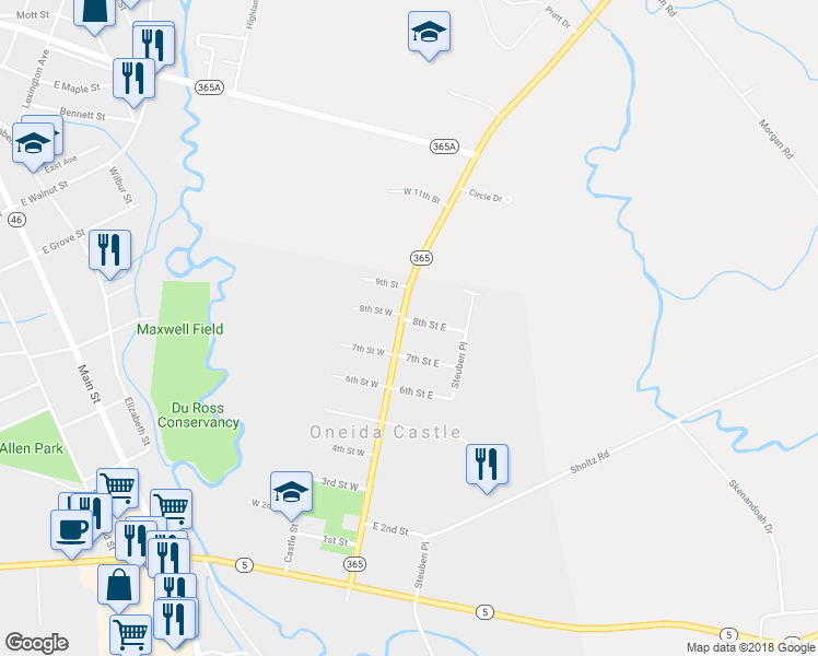 map of restaurants, bars, coffee shops, grocery stores, and more near 62 State Street in Oneida