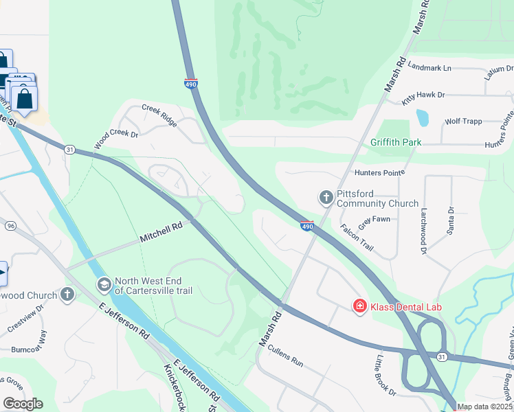 map of restaurants, bars, coffee shops, grocery stores, and more near 24 Woodside Lane in Pittsford