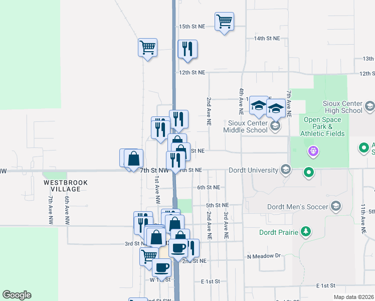 map of restaurants, bars, coffee shops, grocery stores, and more near 44 8th Street Northeast in Sioux Center