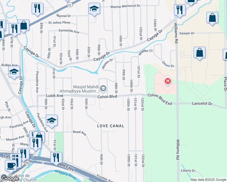 map of restaurants, bars, coffee shops, grocery stores, and more near 1032 98th Street in Niagara Falls