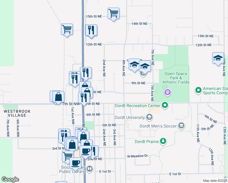 map of restaurants, bars, coffee shops, grocery stores, and more near 800 3rd Avenue Northeast in Sioux Center