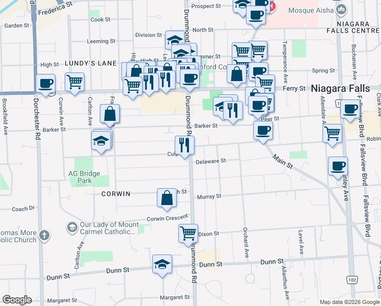 map of restaurants, bars, coffee shops, grocery stores, and more near Culp Street in Niagara Falls