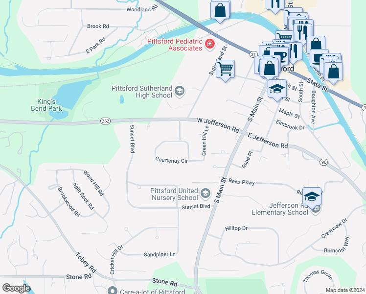 map of restaurants, bars, coffee shops, grocery stores, and more near 53 Heatherhurst Drive in Pittsford