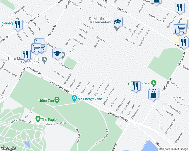 map of restaurants, bars, coffee shops, grocery stores, and more near 1609 Howard Avenue in Utica