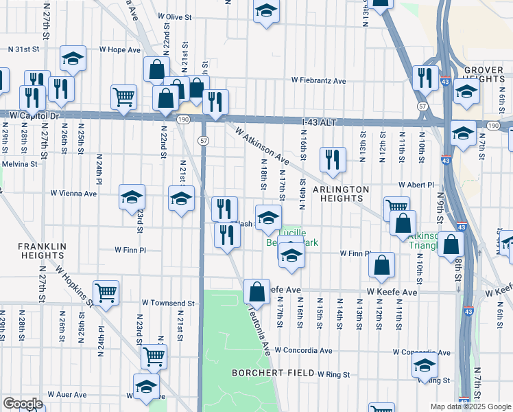 map of restaurants, bars, coffee shops, grocery stores, and more near 3800 North 18th Street in Milwaukee