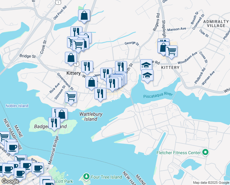 map of restaurants, bars, coffee shops, grocery stores, and more near 13 Walker Street in Kittery