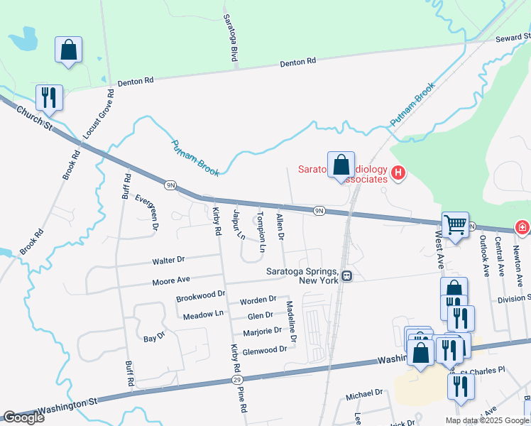 map of restaurants, bars, coffee shops, grocery stores, and more near 2 Tompion Lane in Saratoga Springs