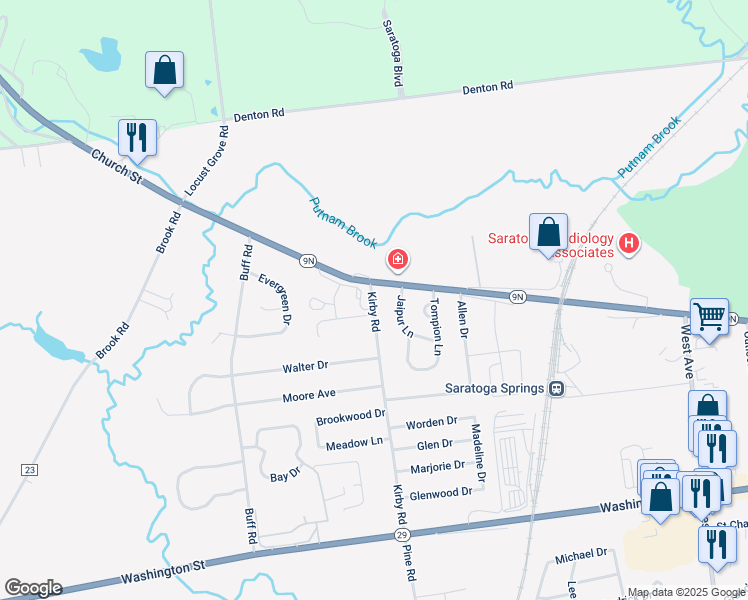map of restaurants, bars, coffee shops, grocery stores, and more near 2A Kirby Road in Saratoga Springs