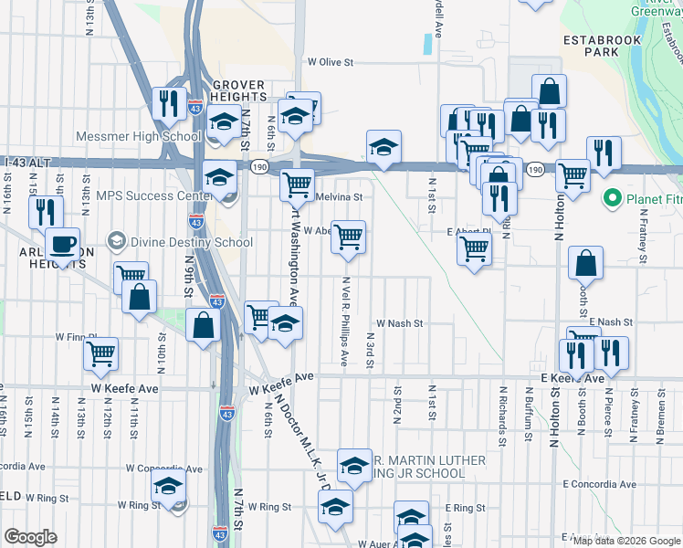 map of restaurants, bars, coffee shops, grocery stores, and more near 3815 North Vel R. Phillips Avenue in Milwaukee