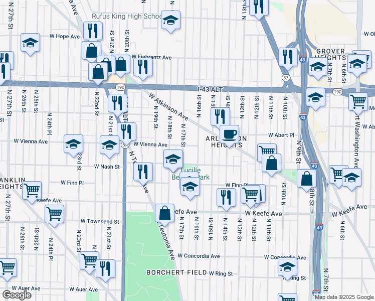 map of restaurants, bars, coffee shops, grocery stores, and more near 3804 North 17th Street in Milwaukee