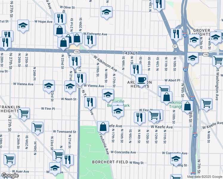 map of restaurants, bars, coffee shops, grocery stores, and more near 3800 North 18th Street in Milwaukee