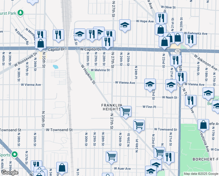 map of restaurants, bars, coffee shops, grocery stores, and more near 3754 North 28th Street in Milwaukee