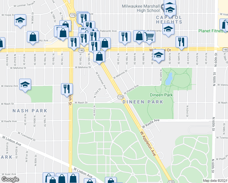 map of restaurants, bars, coffee shops, grocery stores, and more near 7130 West Appleton Avenue in Milwaukee