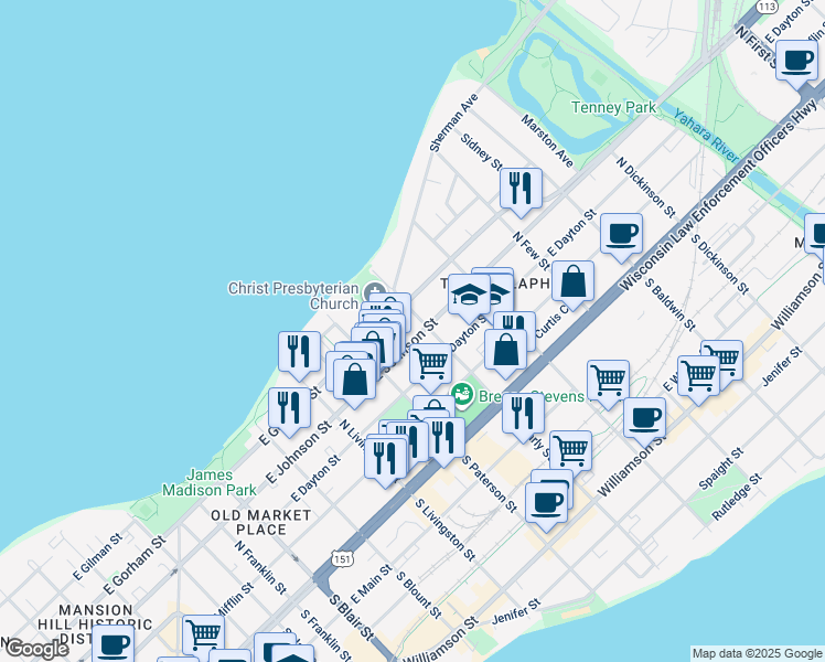 map of restaurants, bars, coffee shops, grocery stores, and more near in Madison