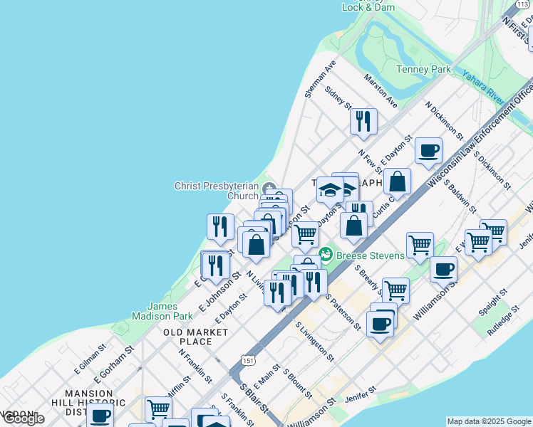map of restaurants, bars, coffee shops, grocery stores, and more near 939 East Gorham Street in Madison