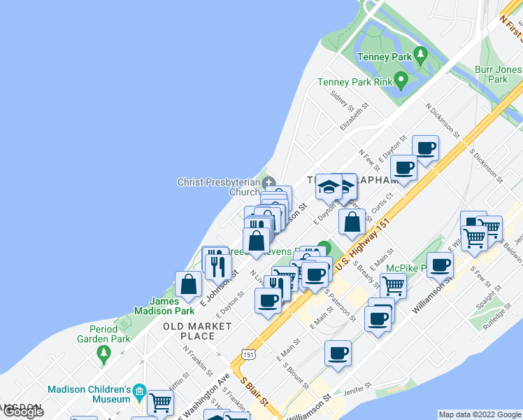 map of restaurants, bars, coffee shops, grocery stores, and more near 429 North Paterson Street in Madison
