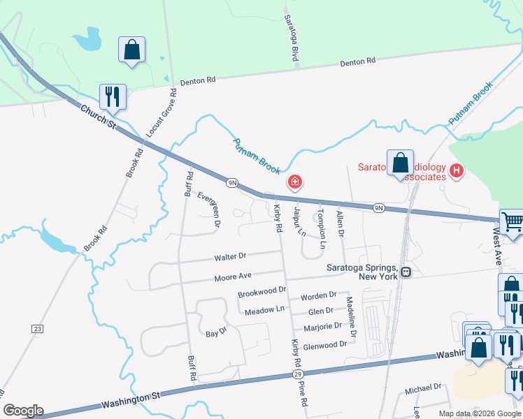 map of restaurants, bars, coffee shops, grocery stores, and more near 390 Church Street in Saratoga Springs