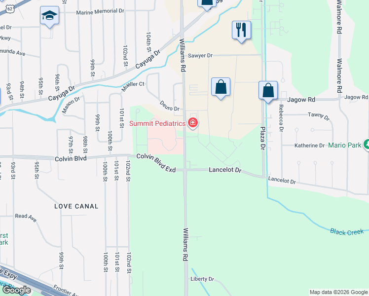 map of restaurants, bars, coffee shops, grocery stores, and more near Williams Road in Wheatfield