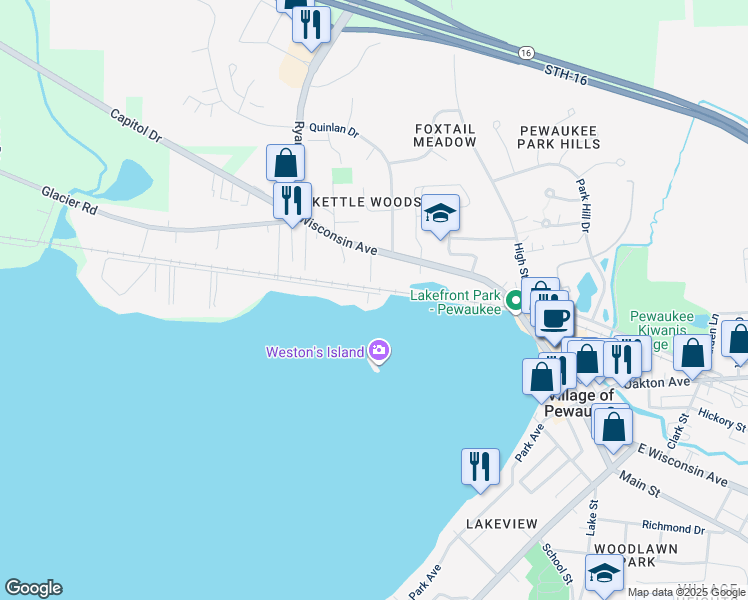 map of restaurants, bars, coffee shops, grocery stores, and more near 512 Kopmeier Drive in Pewaukee
