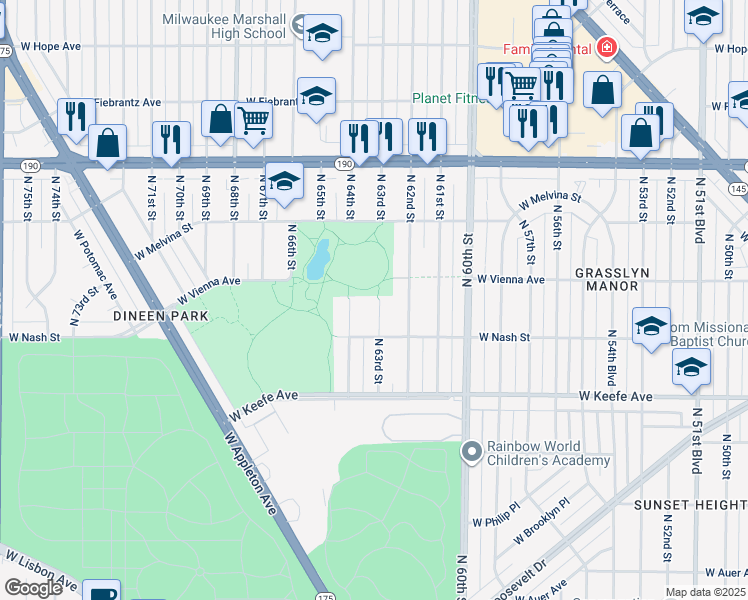 map of restaurants, bars, coffee shops, grocery stores, and more near 3753 North 63rd Street in Milwaukee