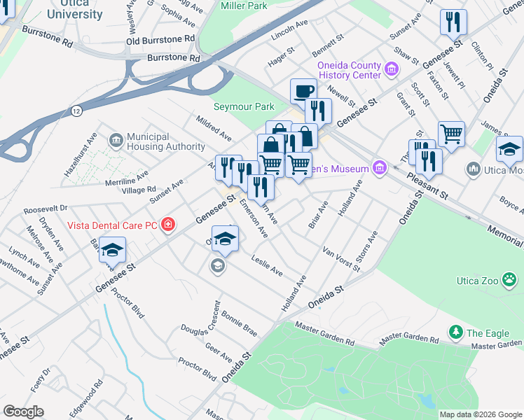 map of restaurants, bars, coffee shops, grocery stores, and more near 18 Auburn Avenue in Utica
