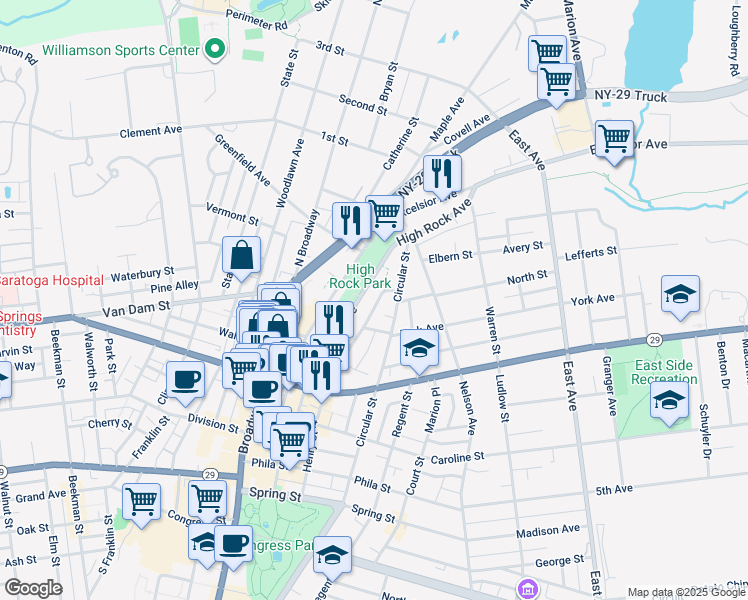 map of restaurants, bars, coffee shops, grocery stores, and more near 157 Henry Street in Saratoga Springs