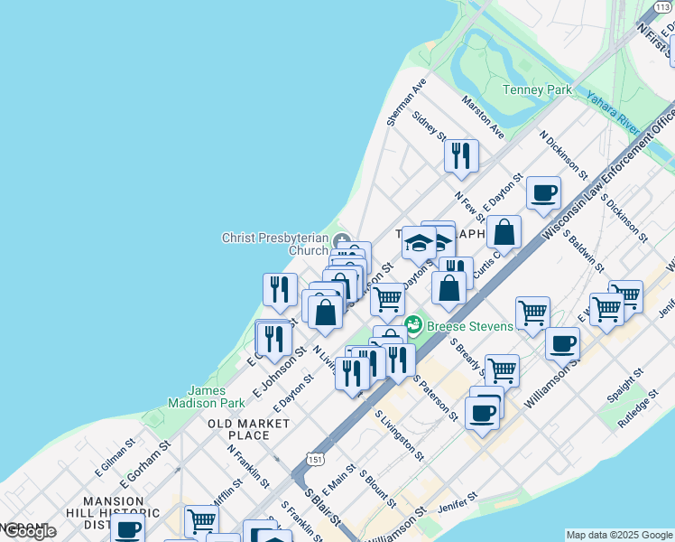map of restaurants, bars, coffee shops, grocery stores, and more near 916 East Gorham Street in Madison