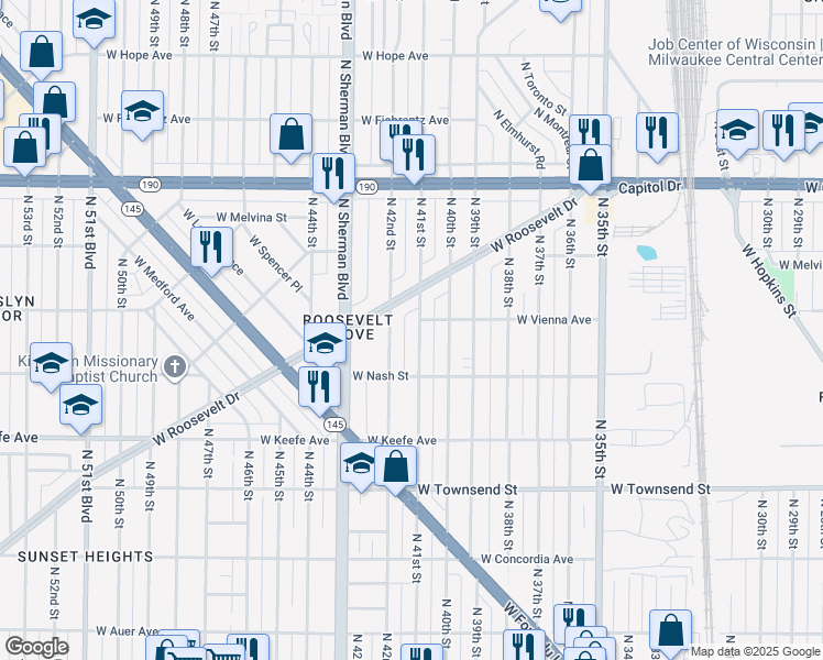 map of restaurants, bars, coffee shops, grocery stores, and more near 3777 North 41st Street in Milwaukee